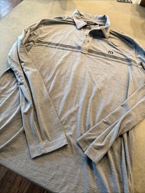 Travis Mathew Long-Sleeve Polo Shirt - Light Gray with Dark Gray Stripe